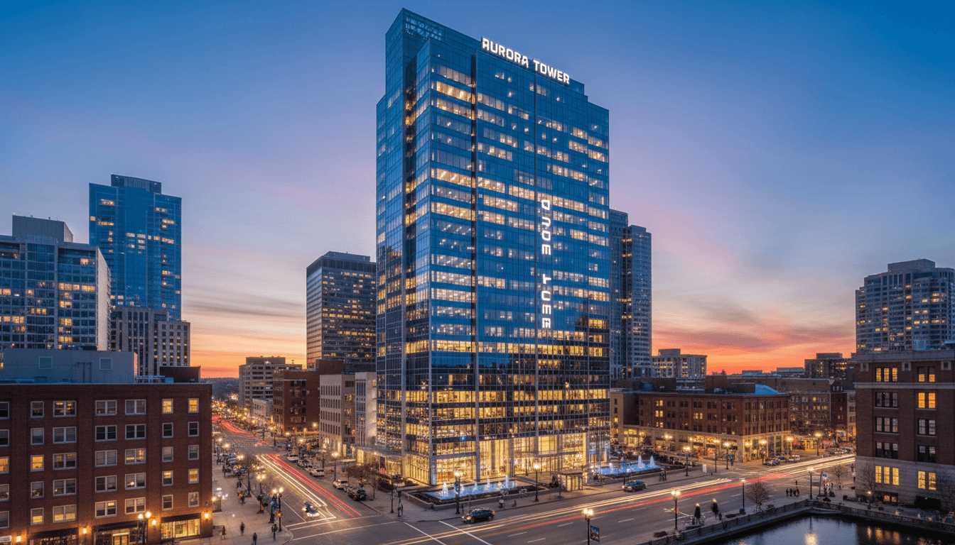 Modern glass office tower exterior in a downtown financial district at dusk with warm lights