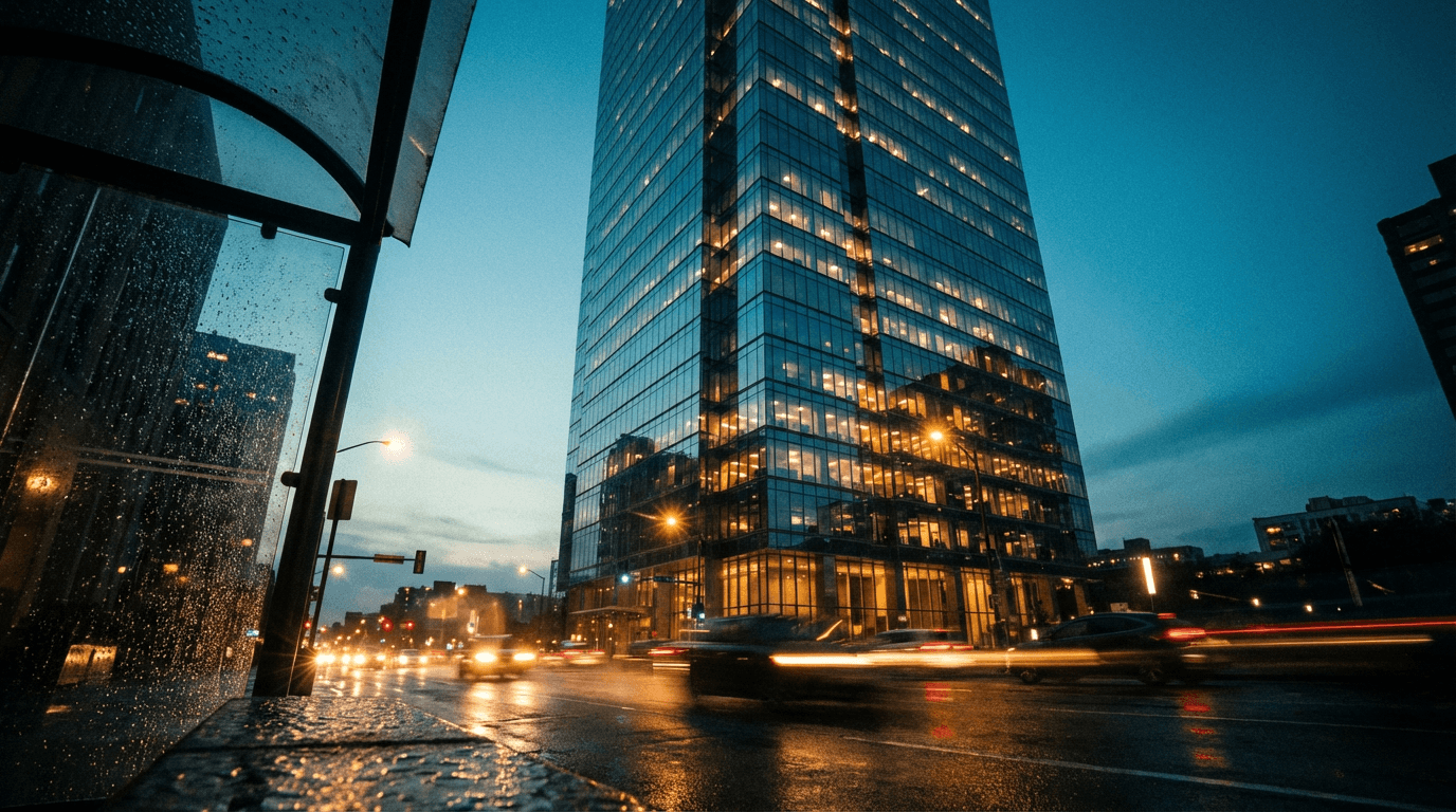 Modern glass office building exterior in a downtown financial district at dusk