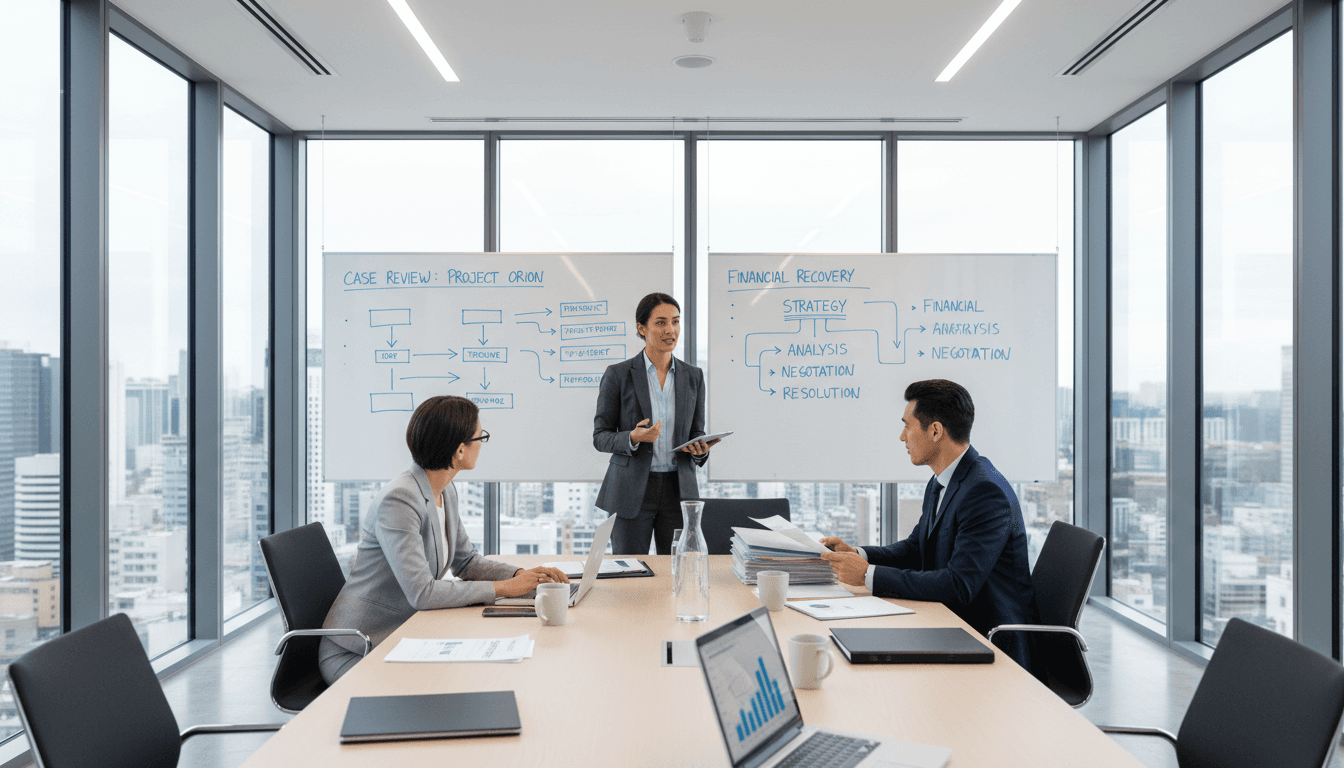 Professional business meeting in a modern office reviewing financial documents