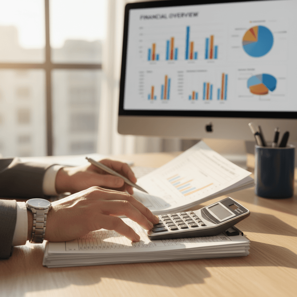 Financial professionals reviewing documents in modern office
