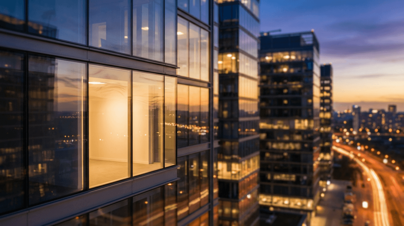 Houston skyline with modern office buildings at dusk